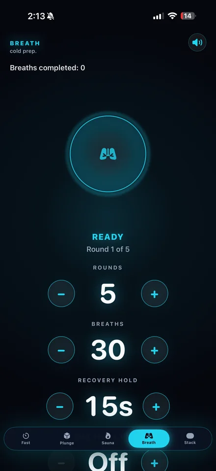 Breath tab: 5 rounds, 30 breaths, 15 second recovery hold