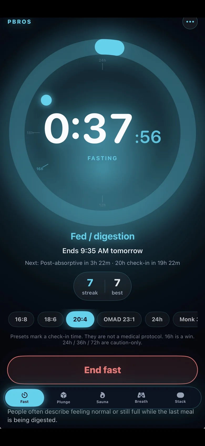 PBros Fast tab: live fasting timer at 0:37:56 with phase, end time and streak