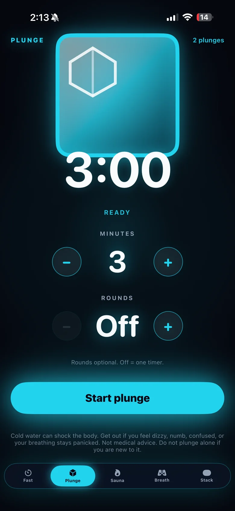 PBros Plunge tab: 3 minute cold plunge timer, rounds off, Start plunge button
