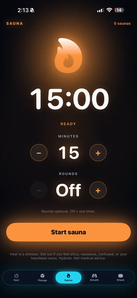 PBros Sauna tab: 15:00 heat-session countdown with minutes and rounds controls