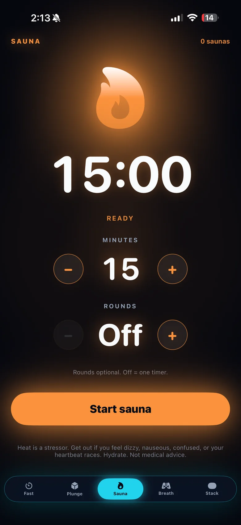 PBros Sauna tab: 15 minute heat session, rounds off, Start sauna button