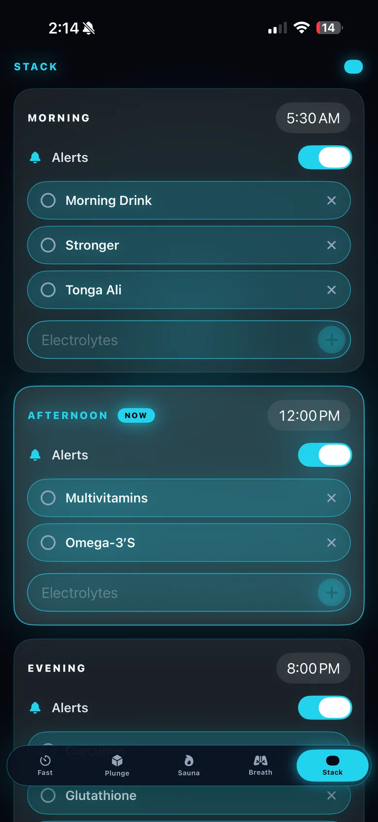 PBros Stack tab: morning, afternoon and evening supplement lists, each with its own alert time