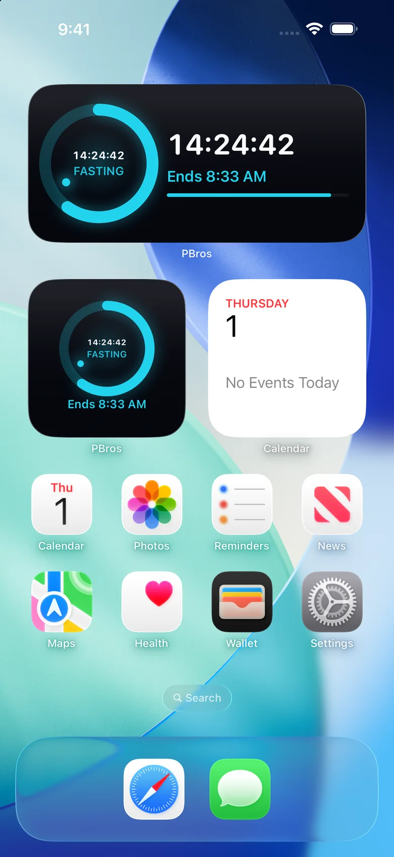 iPhone Home Screen with PBros widgets showing 14:24:42 fasting, ends 8:33 AM